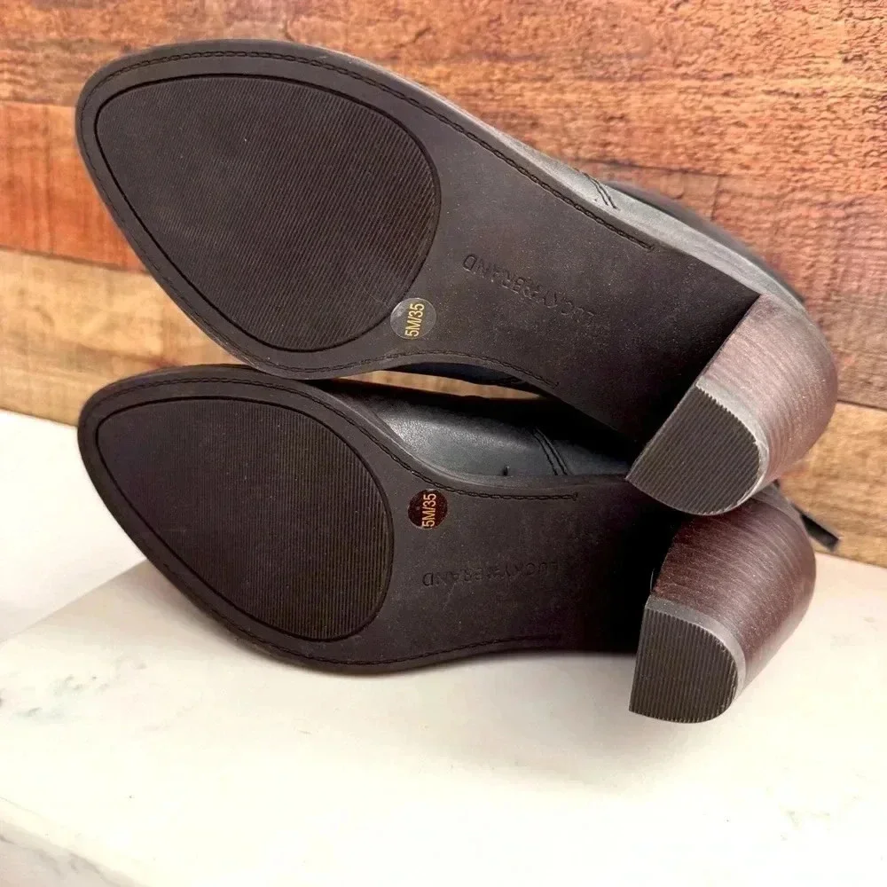 NIB Lucky Brand Nycott Leather Heeled Ankle Booties - Black Bewell